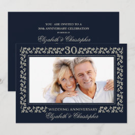 30周年結婚記念日のネイビーブルーシルバーフォト 招待状