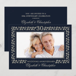30周年結婚記念日のネイビーブルーシルバーフォト 招待状