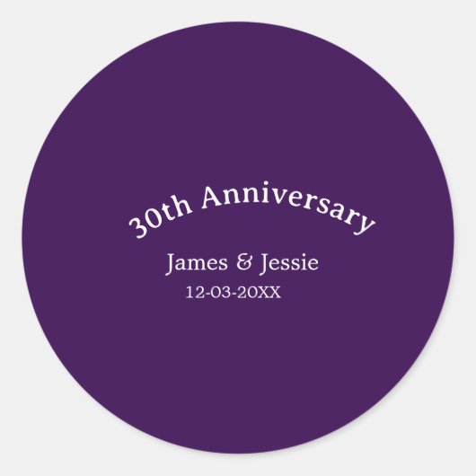 30周年結婚記念日の名前と日付の紫のシンプル ラウンドシール (正面)