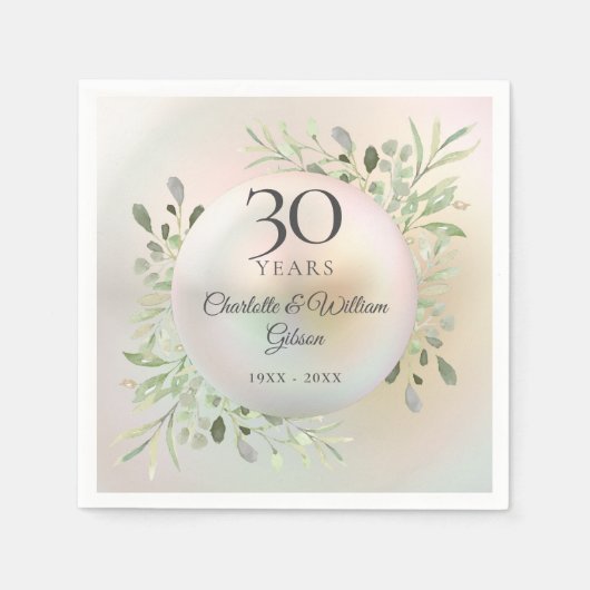 30周年結婚記念日の水彩グリーンとパールの装飾 スタンダードカクテルナプキン (正面)