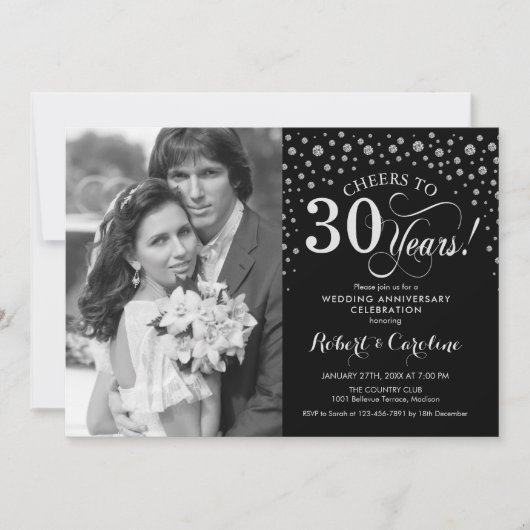 30周年結婚記念日写真 - シルバー ブラック 招待状 (正面)