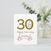 30周年記念おめでとう name 日付 ゴールド 赤い葉 ポストカード (スタンド正面)