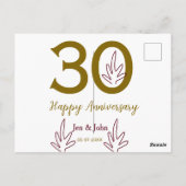 30周年記念おめでとう name 日付 ゴールド 赤い葉 ポストカード (裏面)