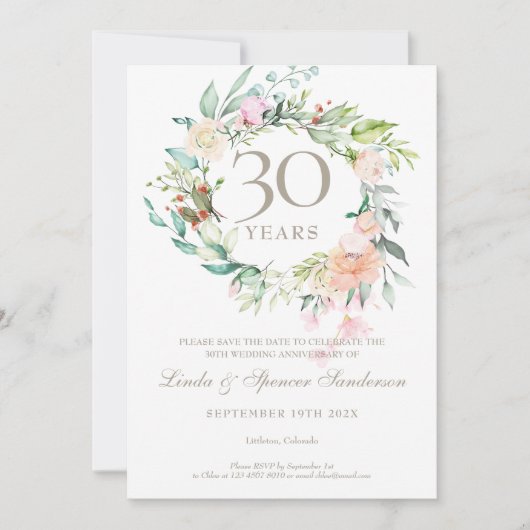 30周年記念のバラの花のデザインの結婚記念日 Save the Date 招待状 (正面)