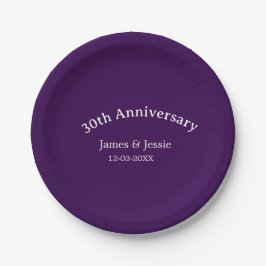 30周年記念日の名前入りシンプルな紫のデザイン ペーパープレート