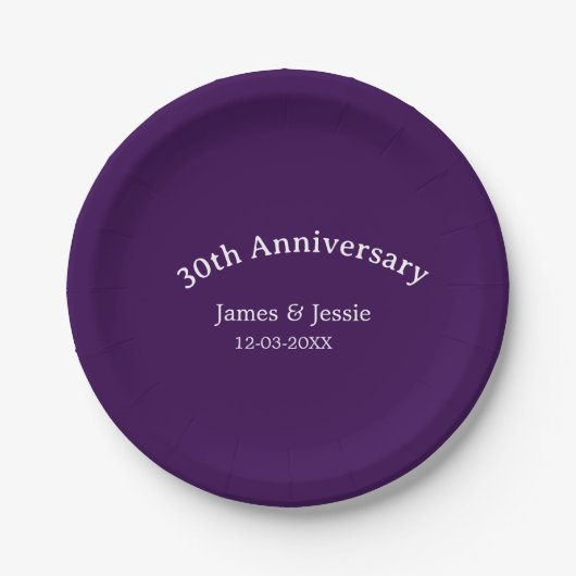 30周年記念日の名前入りシンプルな紫のデザイン ペーパープレート (正面)