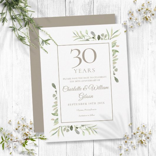 30周年記念日 水彩グリーン ウェディング Save the Date 案内ポストカード