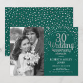 30周年記念 - エメラルドグリーンのシルバーフォト 招待状 (正面/裏面)