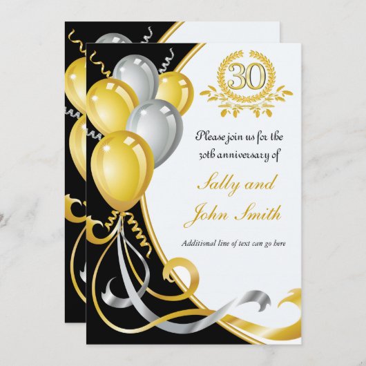 30周年記念 ゴールド＆シルバーの誕生日パーティー招待状 招待状 (正面/裏面)