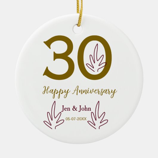 30周年記念 名前 日付 ゴールド レッド リーフ セラミックオーナメント (正面)
