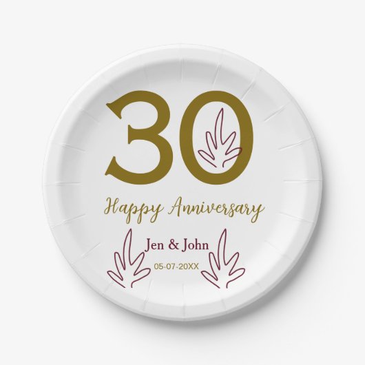 30周年記念 名前 日付 ゴールド レッド リーフ ペーパープレート (正面)