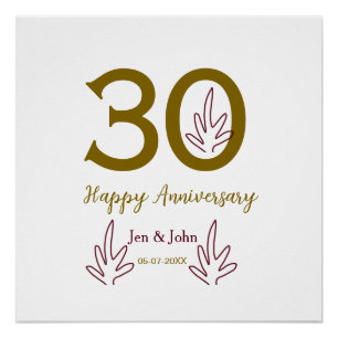 30周年記念 名前 日付 ゴールド レッド リーフ ポスター