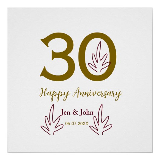 30周年記念 名前 日付 ゴールド レッド リーフ ポスター (正面)