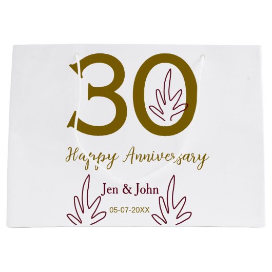 30周年記念 名前 日付 ゴールド レッド リーフ ラージペーパーバッグ (正面)