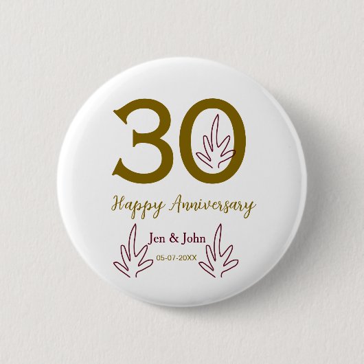 30周年記念 名前 日付 ゴールド レッド リーフ 缶バッジ (正面)