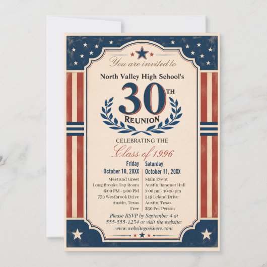 30周年高校同窓会アメリカーナレッドホワイト 招待状 (正面)