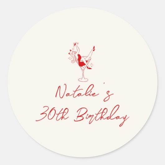30周手描きカクテルガールレトロ誕生日パーティー ラウンドシール (正面)