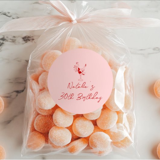 30周手描きピンクカクテルガールバースデーパーティー ラウンドシール