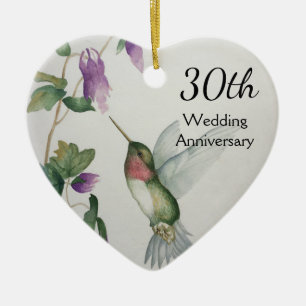 30周結婚年鳥がかわいらし花を咲くハート セラミックオーナメント