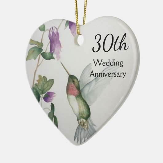 30周結婚年鳥がかわいらし花を咲くハート セラミックオーナメント (左)