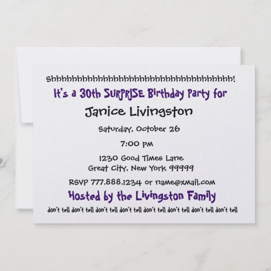 30回目のサプライズ·バースデー·パーティービッグナンバーズ·テンプレート 招待状 (裏面)