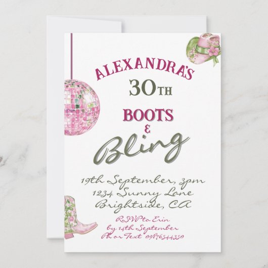 30女性のカーボーイディスコブーツピンクきらきら光るグリーン 招待状 (裏面)