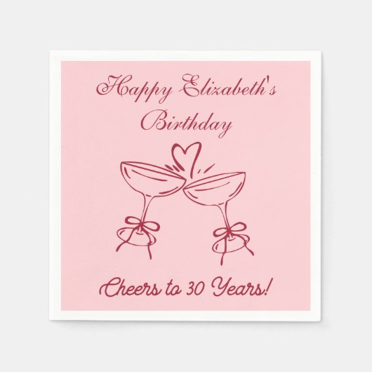 30年モダン間の赤&ピンク応援誕生日ナプキン スタンダードカクテルナプキン (正面)