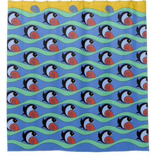30年代のアールデコの魚- L.A>連合場所のタイル シャワーカーテン (正面)