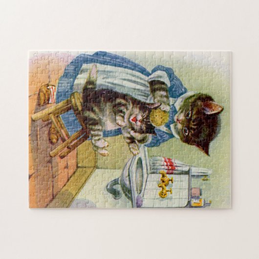 30年代の子猫のママは彼女の子ネコを洗浄します ジグソーパズル (横)