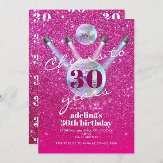 30年間のピンクの輝き ディスコ レトロ 誕生日おめでとう 招待状 (正面/裏面)