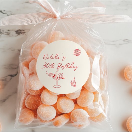 30手描きクリームカクテルガール誕生日 ラウンドシール