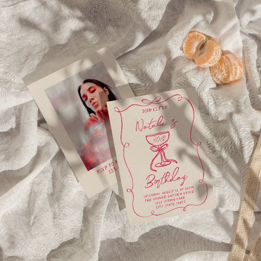 30手描きピンクボウMartiniフォト誕生日 招待状