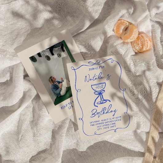 30手描きブルーボウマルチニフォト誕生日 招待状