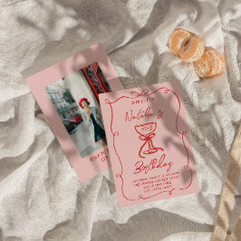 30手描きレッドボウシャンパンフォト誕生日 招待状