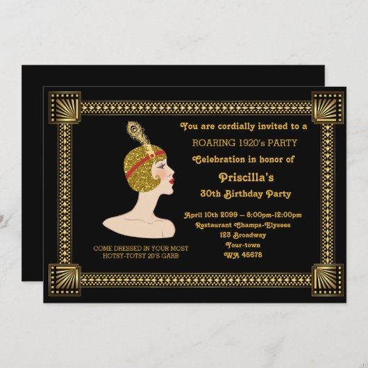 30歳かそれか,誕生日パーティーの女性,ギャツビー,金ゴールド 招待状 (正面/裏面)