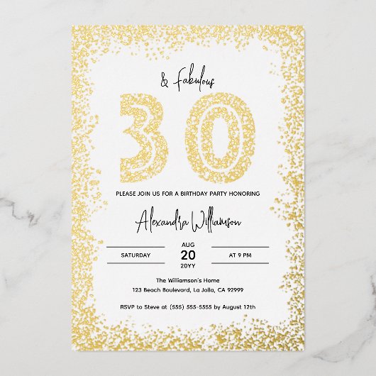 30歳と30歳の誕生日パーティー実在金ゴールド 箔招待状 (正面)