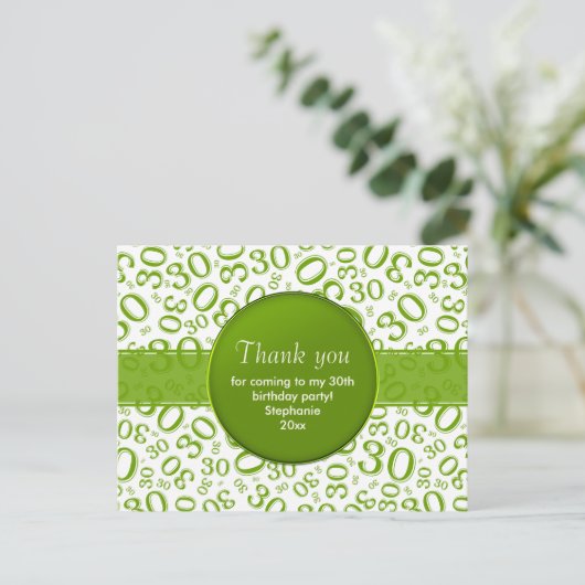 30歳のグリーン/ホワイトの誕生日ナンバー パターンにお感謝 ポストカード (スタンド正面)