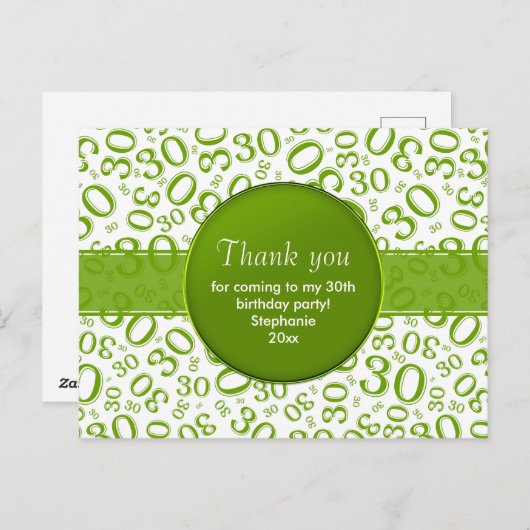 30歳のグリーン/ホワイトの誕生日ナンバー パターンにお感謝 ポストカード (正面/裏面)