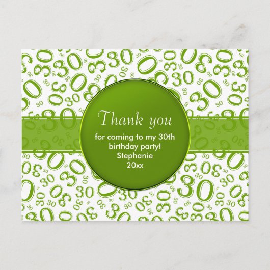 30歳のグリーン/ホワイトの誕生日ナンバー パターンにお感謝 ポストカード (正面)