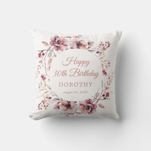 30歳のバースデーパーソナライズされたバーガンディーピンクフローラ クッション (正面)