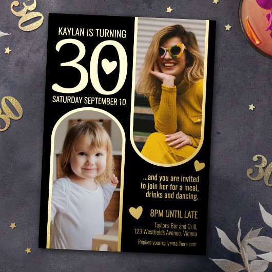 30歳の二つのアーチ 誕生日 ブラック ゴールド ハート 箔招待状
