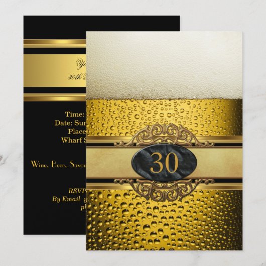 30歳の男のビールブラックゴールド誕生日パーティー 招待状 (正面/裏面)