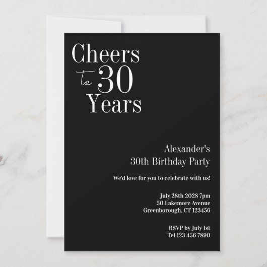 30歳の誕生日おめでとう ブラック ホワイト 30周年パーティー 招待状 (正面)