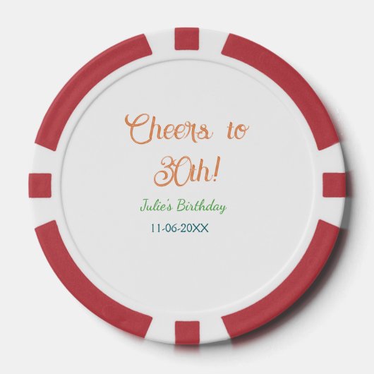 30歳の誕生日おめでとう 名前 日付 オレンジ 緑 青 ポーカーチップ (正面)