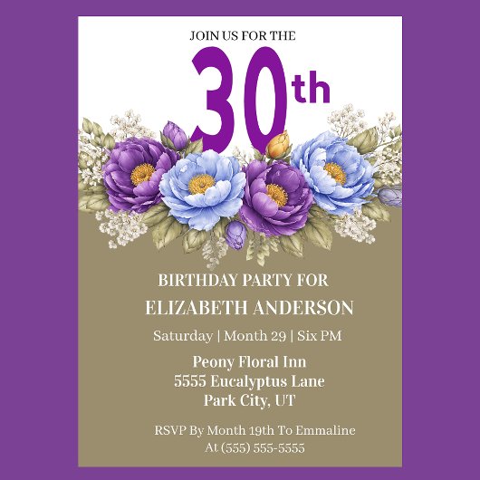 30歳の誕生日お祝いにブルーとパープルの芍薬 招待状