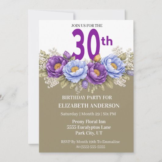 30歳の誕生日お祝いにブルーとパープルの芍薬 招待状 (正面)