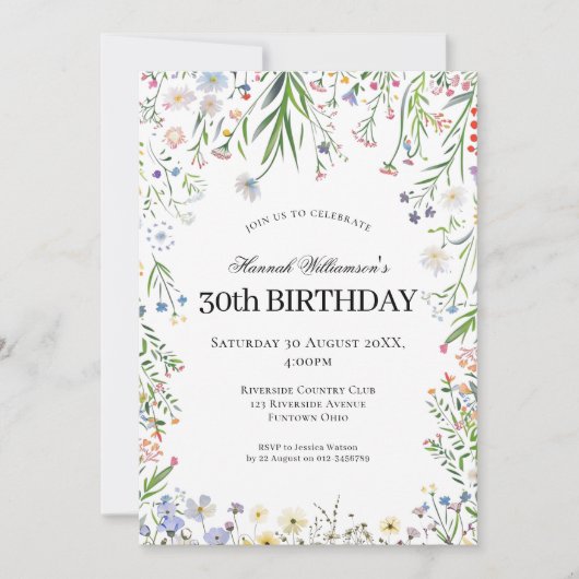 30歳の誕生日お祝いワイルドフラワーガーデン 招待状 (正面)