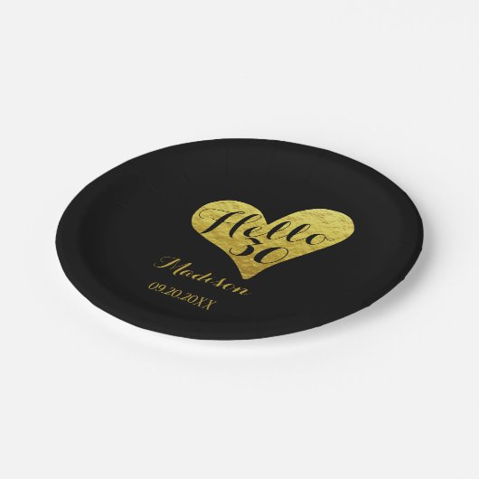 30歳の誕生日こんにちは30ブラックとフェイク金ゴールドハート ペーパープレート (アングル)