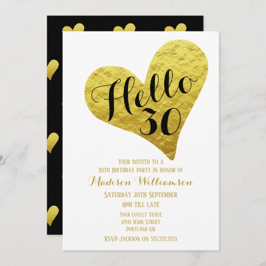 30歳の誕生日こんにちは30ブラックとフェイク金ゴールドハート 招待状 (正面/裏面)