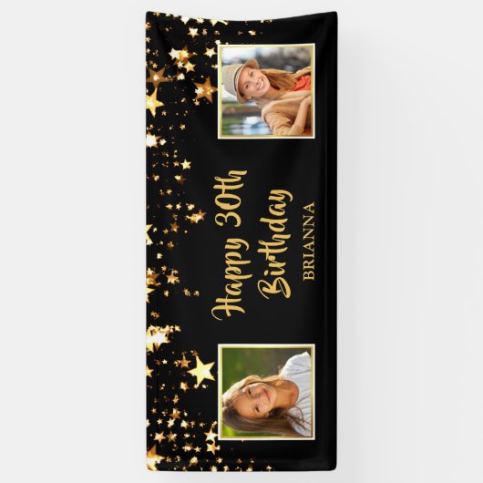30歳の誕生日と今の写真ブラック・金ゴールド・スターズ 横断幕 (縦)